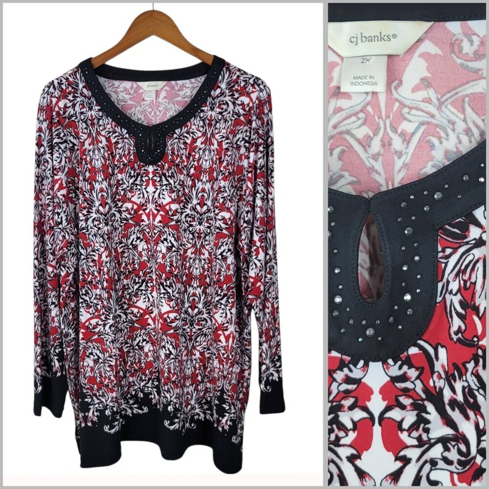 CJ Banks Top Plus 2X T-shirt Floral Casual Tropical Red Black Stretchy Womens